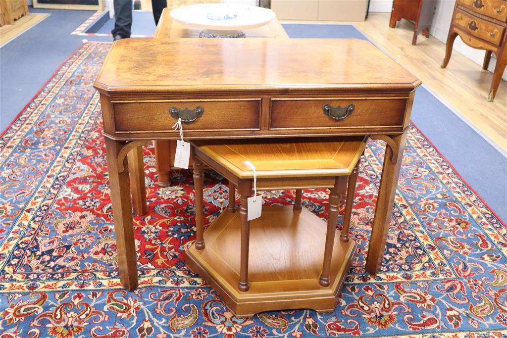 A burr walnut side table and an octagonal occasional table, larger width 80cm, depth 48cm, height 61cm